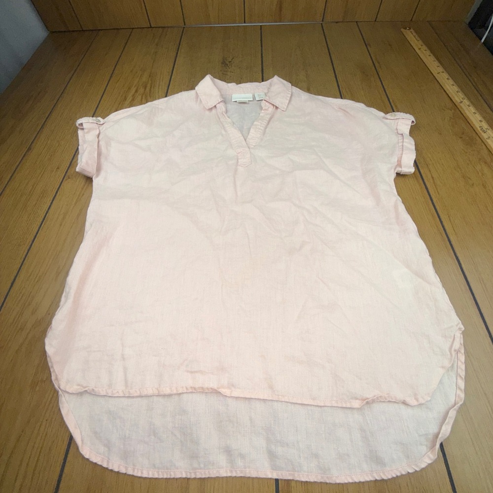 Cynthia Rowley‎ Pink 100% Linen Short Sleeve V-Neck Tunic Top Womens Size Small